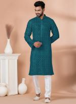 Viscose Teal Festival Wear Sequins Work Readymade Kurta Pajama